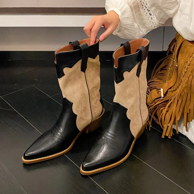 Chunky Heel Street Shoes Women Western Boots Large Size 43 Women\'s Embroidered Western Mid-Calf Stitched Botas Cowgirl Boots