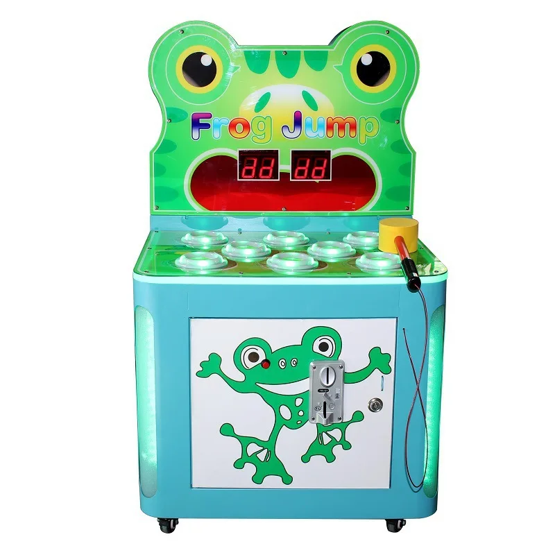Frog equips crocodile to play arcade hammer machine