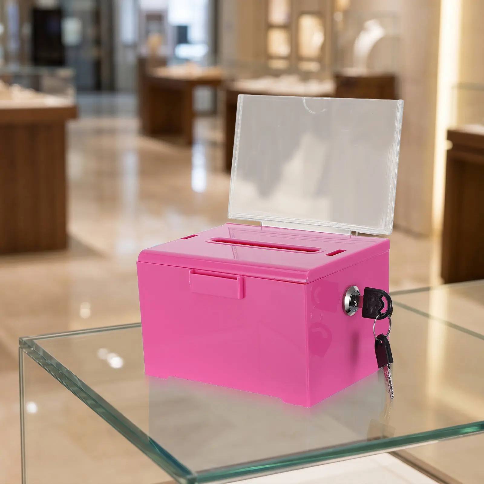 Acrylic Donation Sign Holder Ballot Box Pink Clear Lid 6.3x5x4 Inch Fundraising Suggestion Feedback Collection
