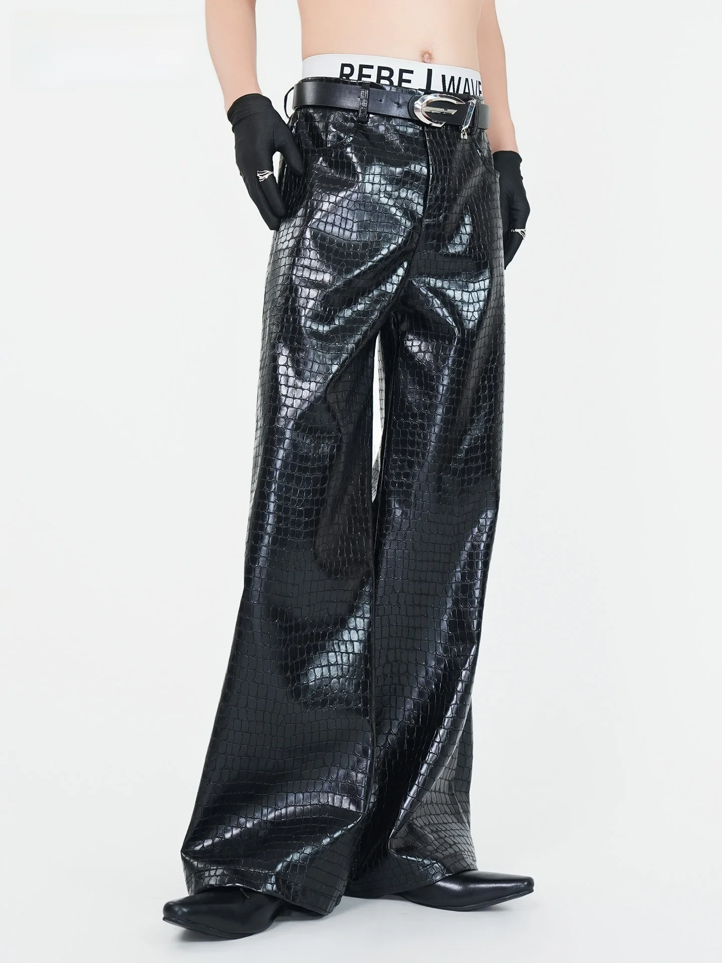 

VE2 Pioneer ow Alligator Pattern Straight Leg Long Pants Men's Punk PU Leather Floor-Length Trousers Trendy Youth Casual