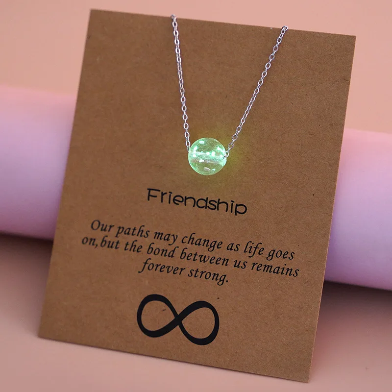 Fashion Jewelry New Luminous Glass Bead Stainless Steel Chain Card Necklace Friendship Gift Necklace Card Necklace