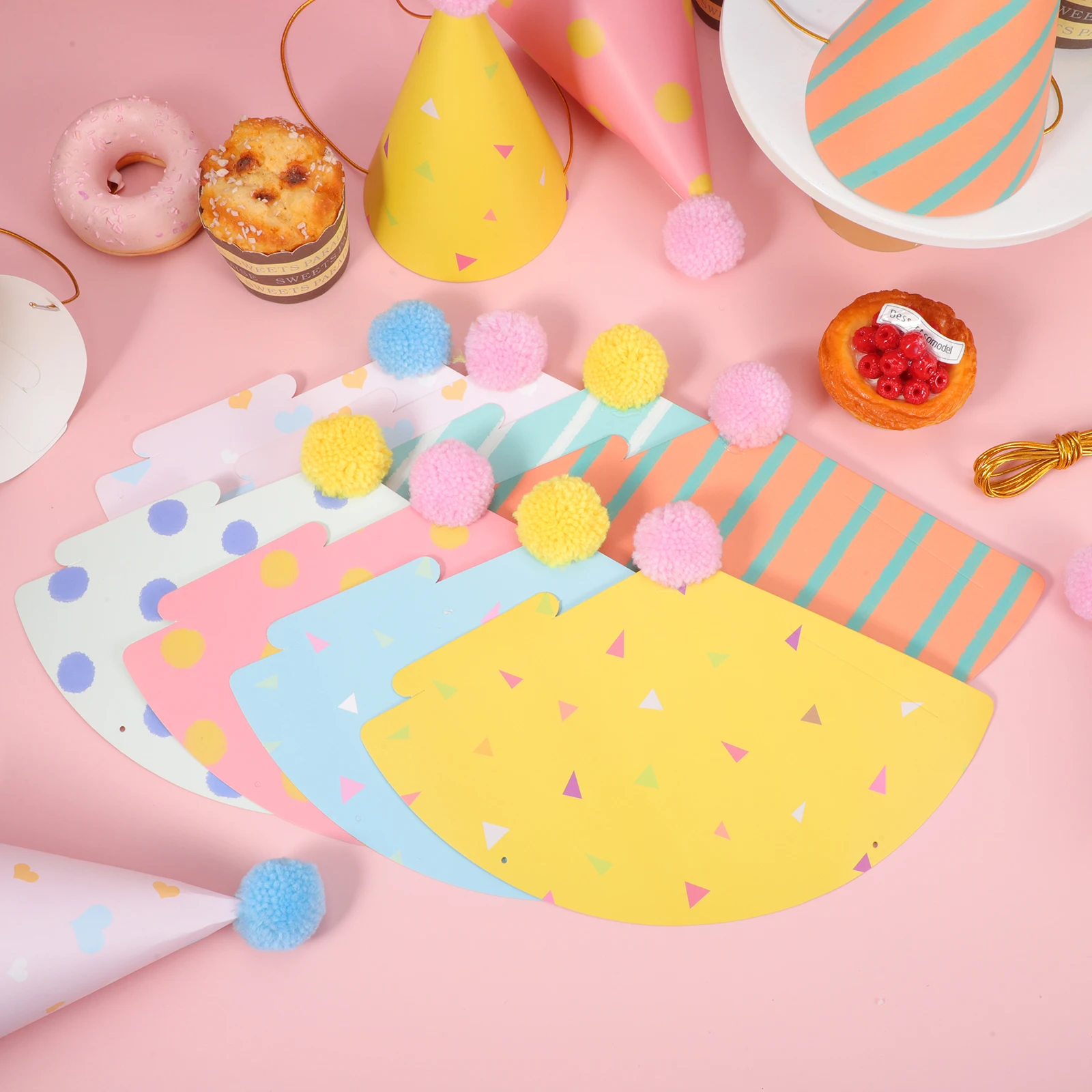 

Birthday Hats Paper Cone Caps for Kids Adults Adorable Pompom Fun Party Decorations Reusable Photo Props Small Gatherings