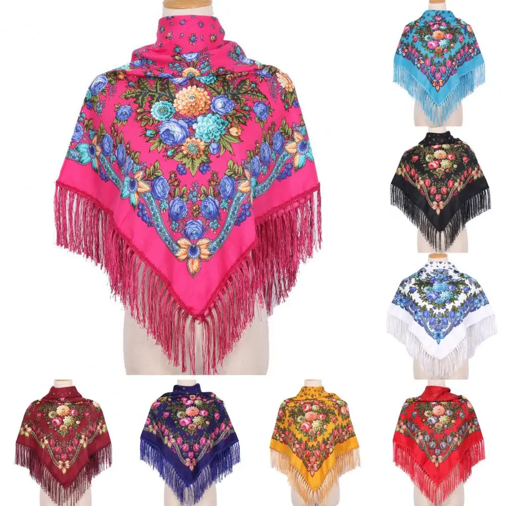 Russian Style Floral Print Square Scarf Women Ethnic Fringed Bandana Shawl Babushka Handkerchief Female Blanket Head Wraps