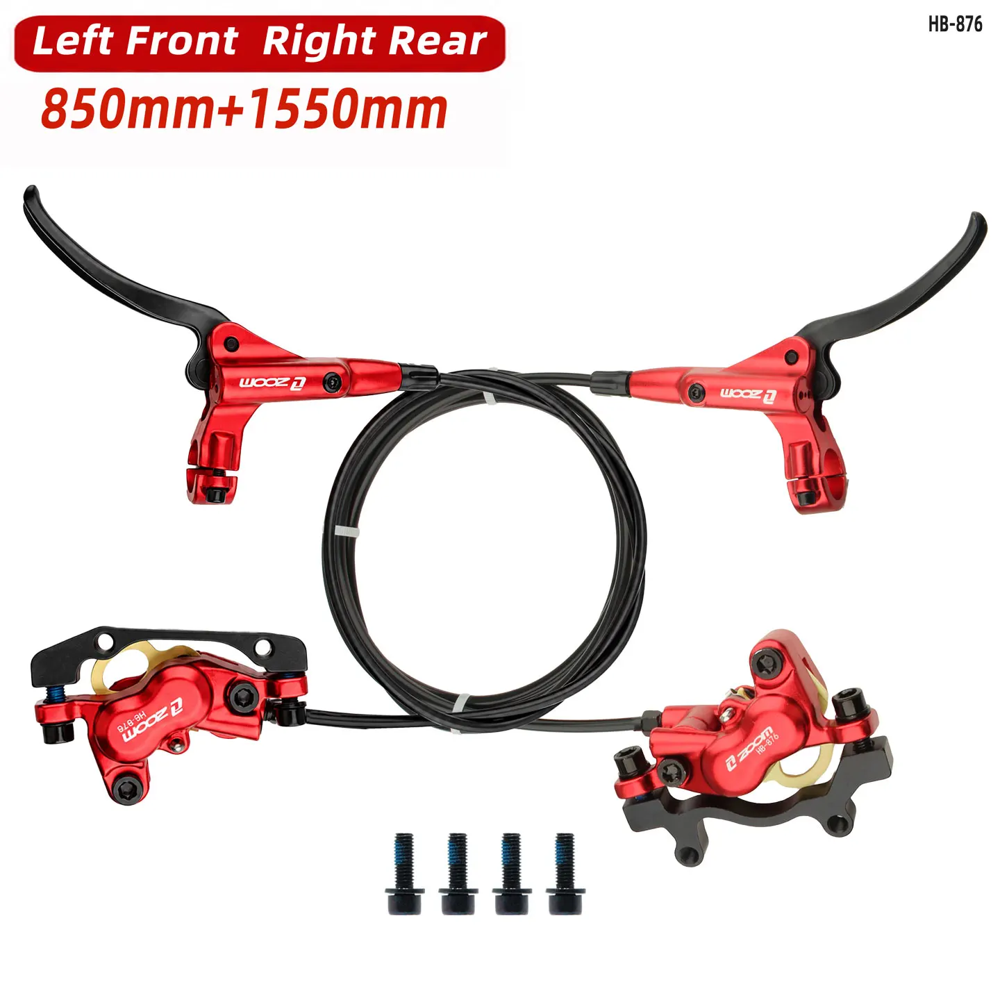 ZOOM HB-867 4 Piston Hydraulic Disc Brake Kit MTB Front 850mm Rear 1550mm Aluminum Alloy Caliper Black Red Options