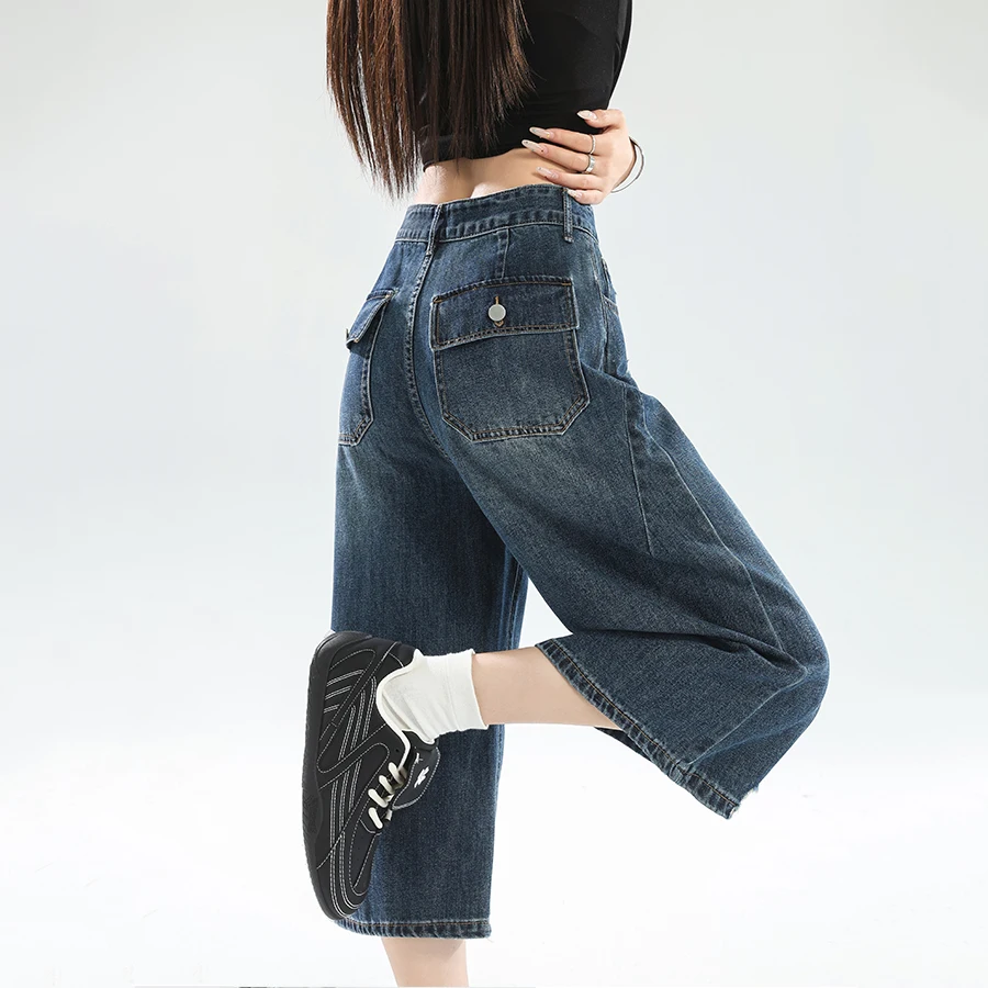 New Summer Lightweight Wide Leg Cropped Pants Women's Jeans Casual Loose Petite Straight Denim Pant Trousers