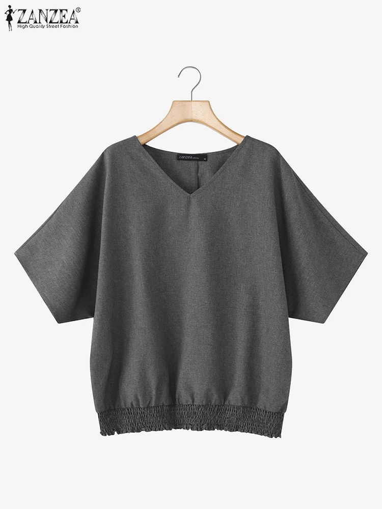 

ZANZEA Summer Elegant Blouse Women Vintage Solid Color Shirts 2025 Short Sleeve Casual Loose Tunic Tops Fashion Blusas Femininas