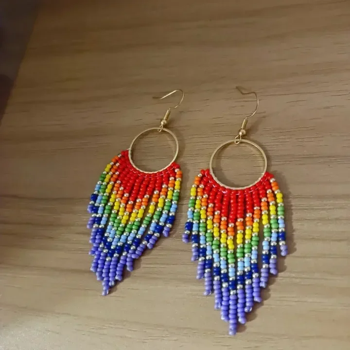 

Beaded earrings Circle Rainbow Tassels Fashion Simplicity Hand woven Bohemia Gradient color Design Versatile Rice bead earrings
