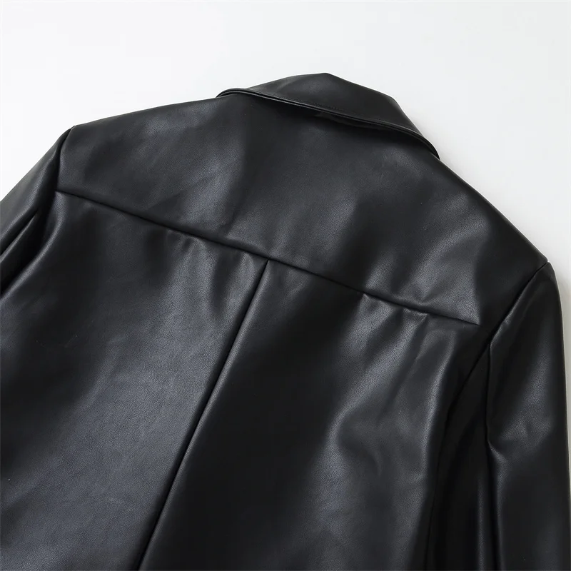 Giacca da abito in ecopelle nera primavera allentata monopetto colletto dentellato manica lunga cappotto femminile streetwear Chaqueta Mujer