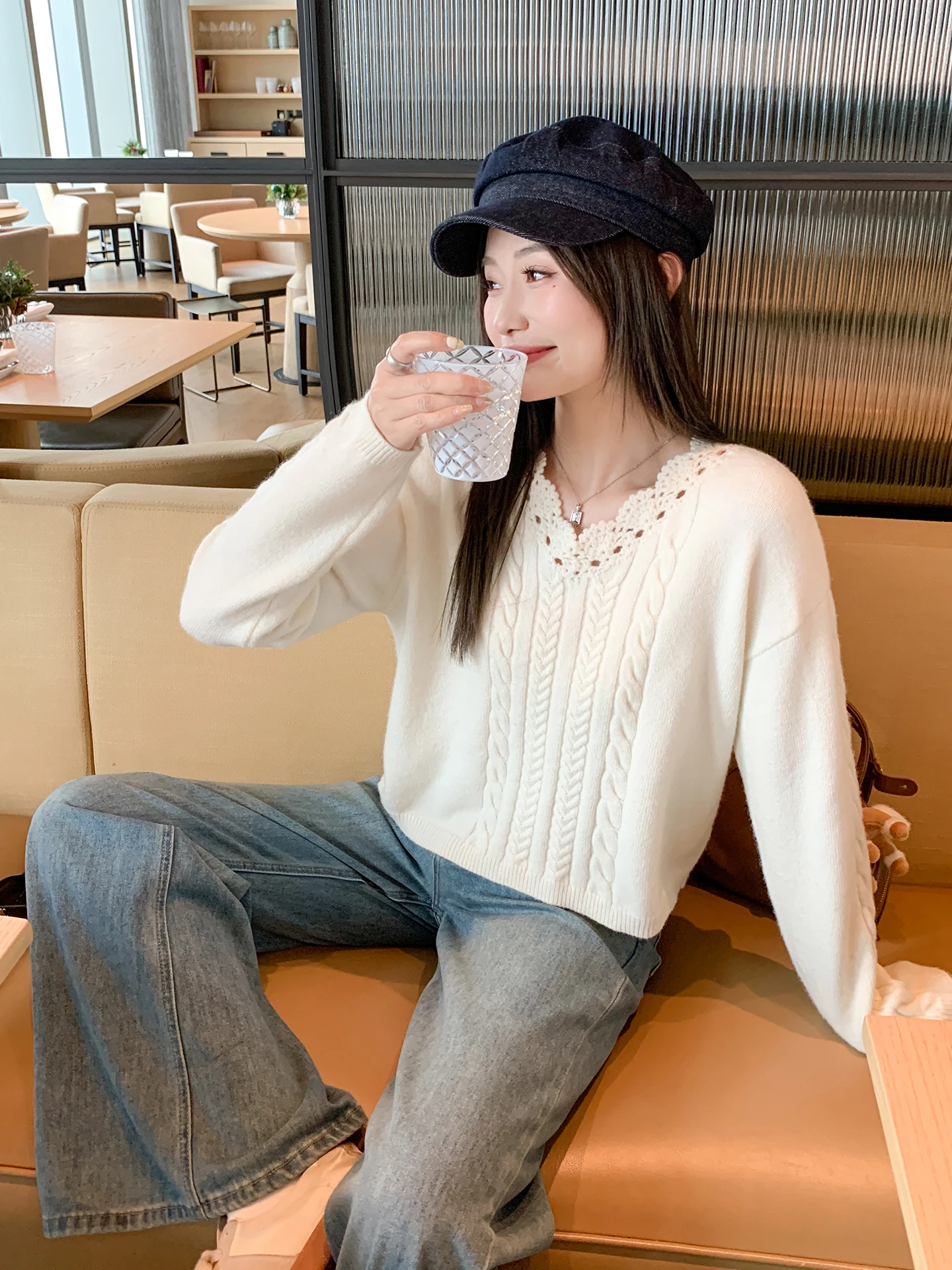 

Свободный женский вязаный свитер с V-образным вырезом, осенне-зимняя новинка в корейском стиле, цвет пшеничной пшеницы, с узором косы, для ношения под одеждой, зимний топ