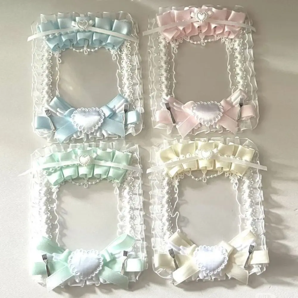 Lace Ruffles Photocard Holder Faux Pearl Satin Ribbon Decorative Card Holder Clear Sleeve Heart Decoration