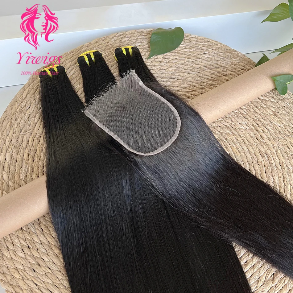 Yiwigs 12A Grade Double Drawn Bone Straight 100% Human Hair Bundles With 4x4 Real HD Lace Closure Hair Weave Extensions Thick