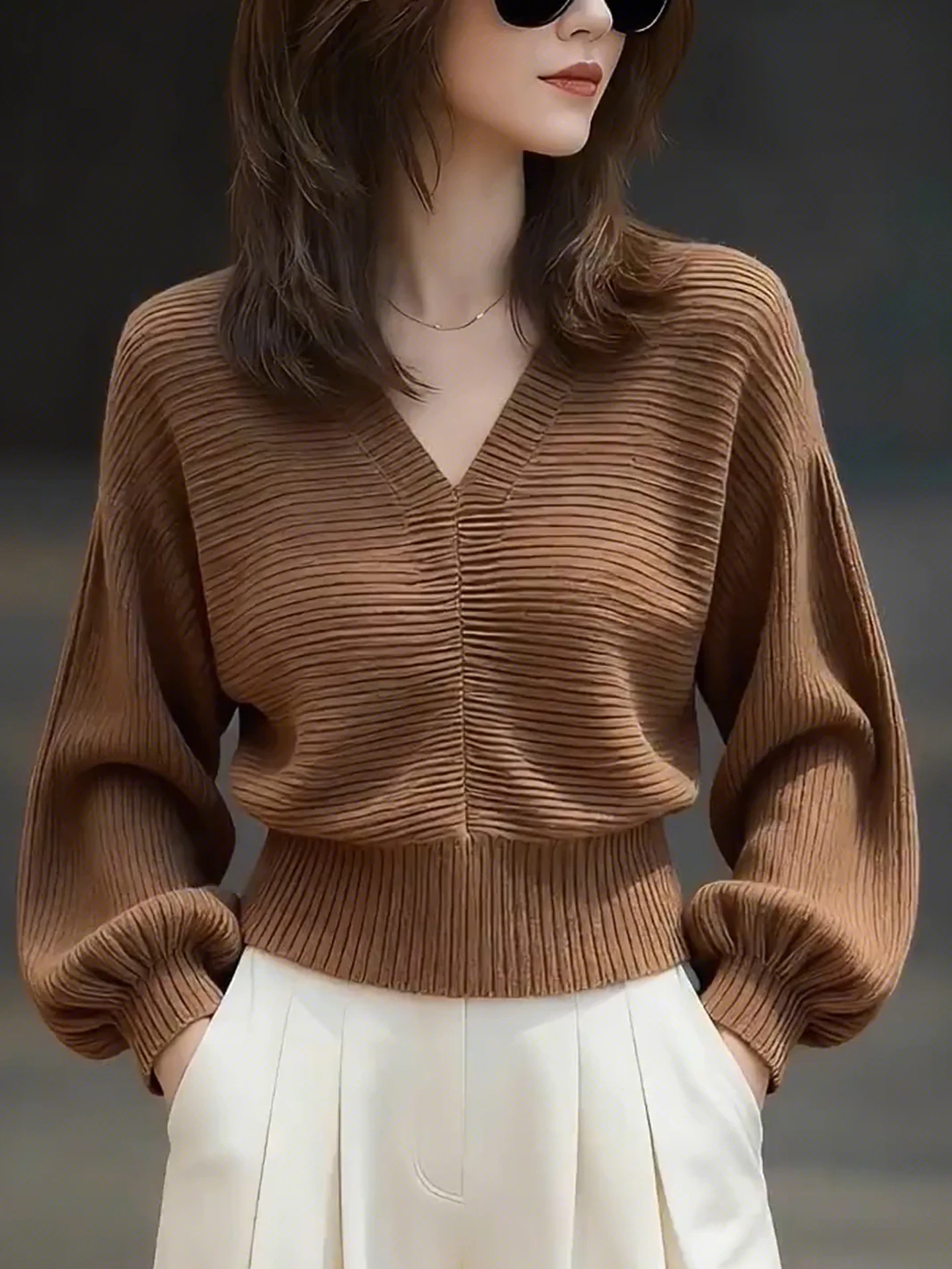Retro Knitted Sweater Long Sve V-Ne  Color Faionable Winter Top Women's Regular Fit Comfortable Commute Sle