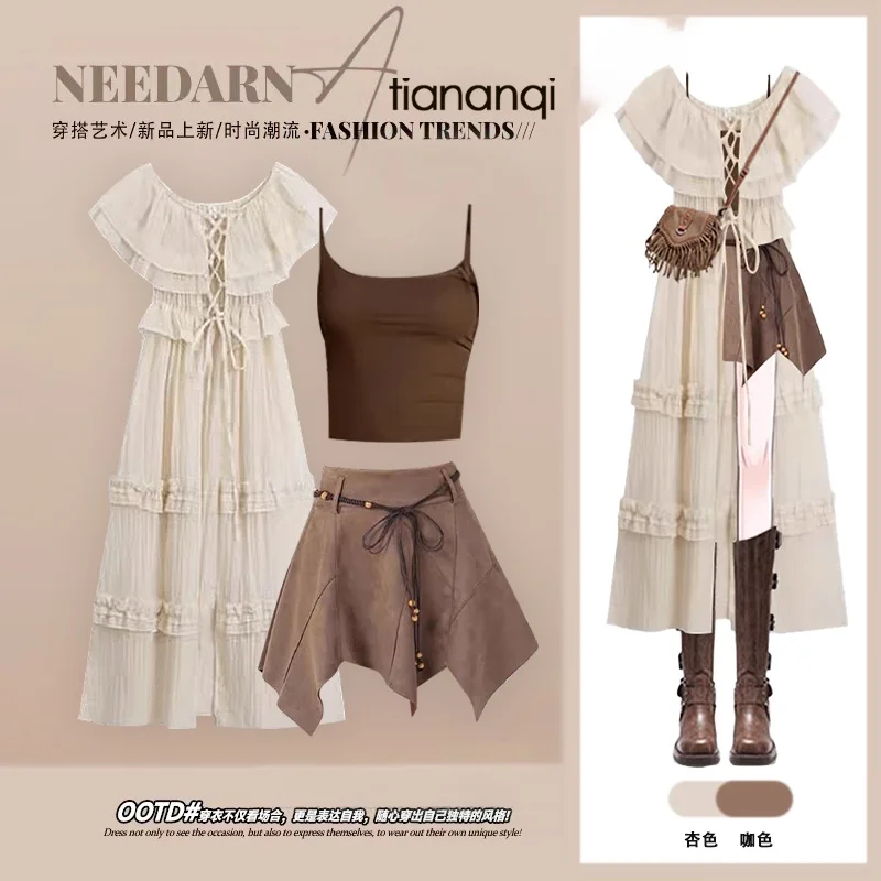 

Ретро-платье с кружевной отделкой, винтажный комплект из трех предметов: модная короткая юбка, топ без бретелек, топ с круглым вырезом и короткими рукавами, женский комплект.