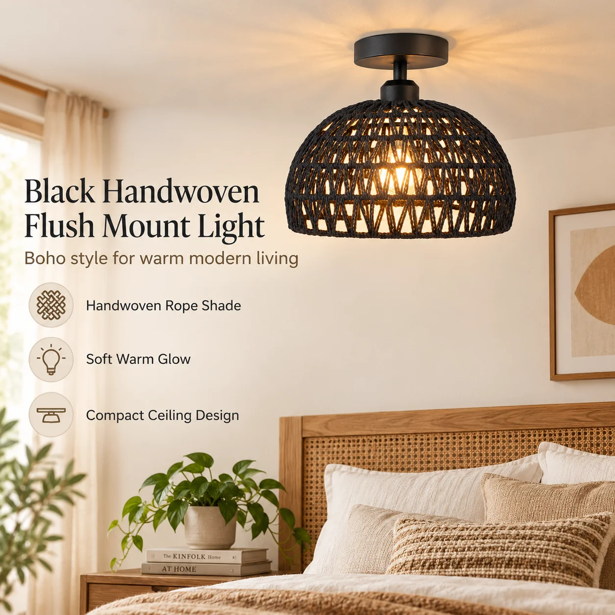 JOYINLED Black Paper Rope Hanging Ceiling Lamp, Bohemian Ceiling Half Round Lamp Shade, Rustic Chandelier 30cm E27 Pendant Light