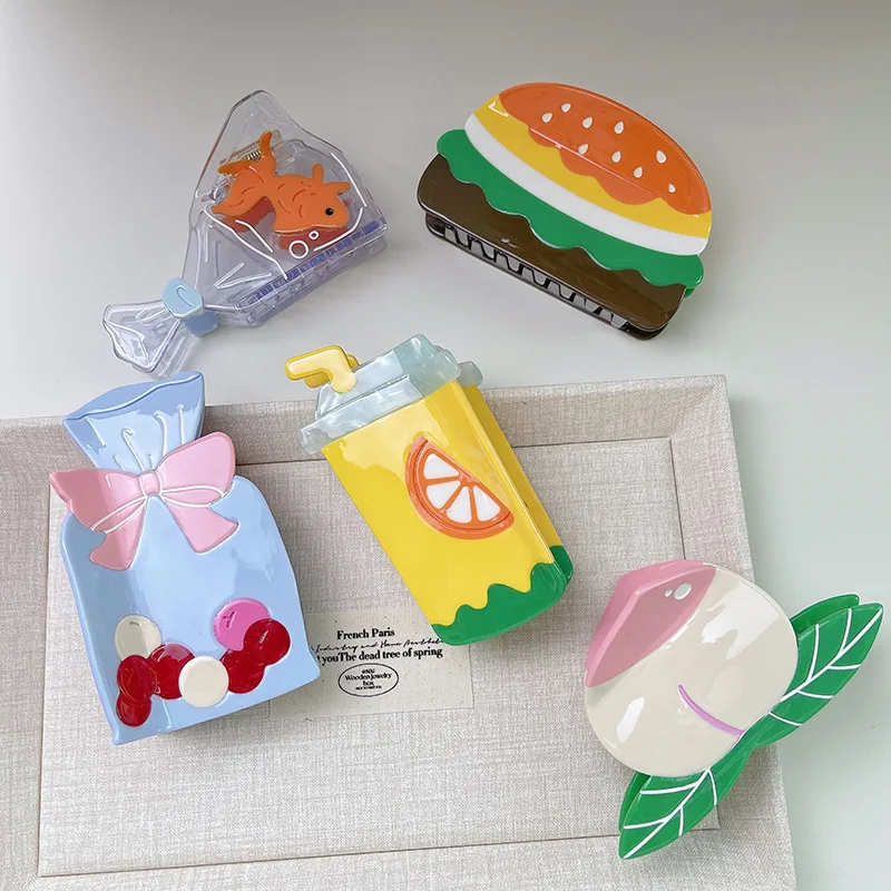 

Summer Shark Clip Women's Hair Accessories Fruit Burger Cartoon Acetate Hair Clips Professional Salon Partition