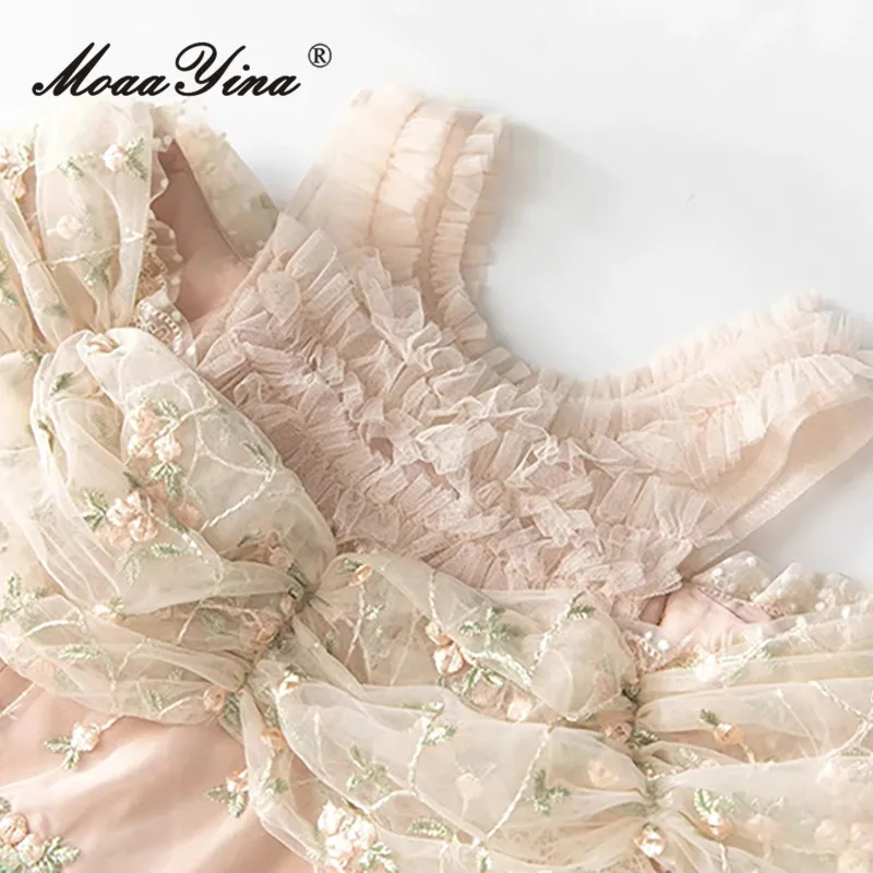 MoaaYina malha bordada meia manga em camadas babado borda de renda manga curta vestido de festa S-4XL 2025 primavera/verão