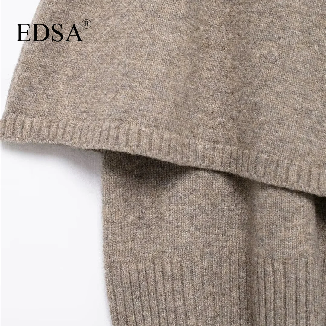 EDSA Women Knitted Cape Cardigan Round Neck Short Sleeves Ribbed Trims Button-Up Front Sweater Coat Casual Female Outerwear