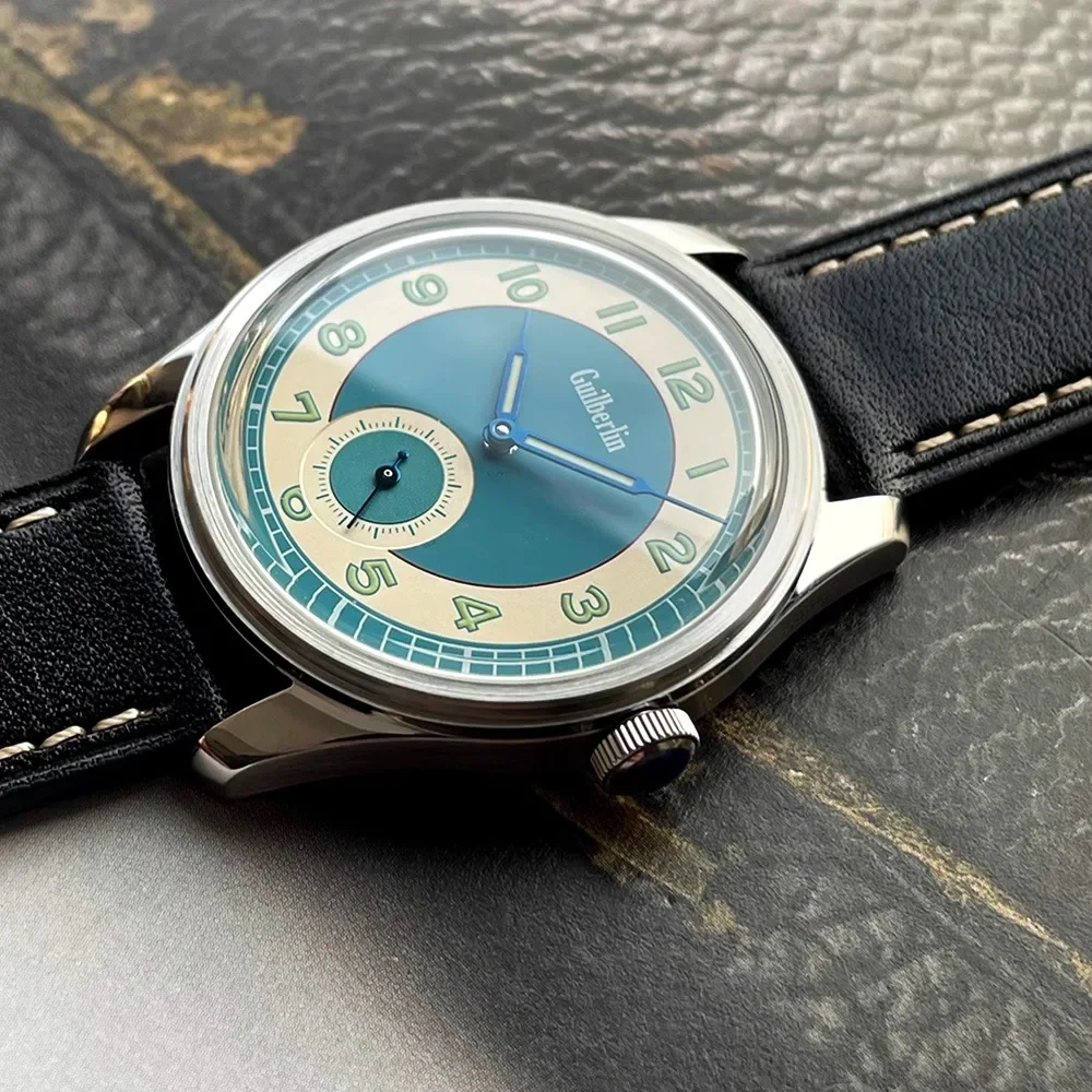 Relógio masculino vintage 38 mm ST17 movimento mecânico enrolado à mão mostrador preto à prova d'água luminoso