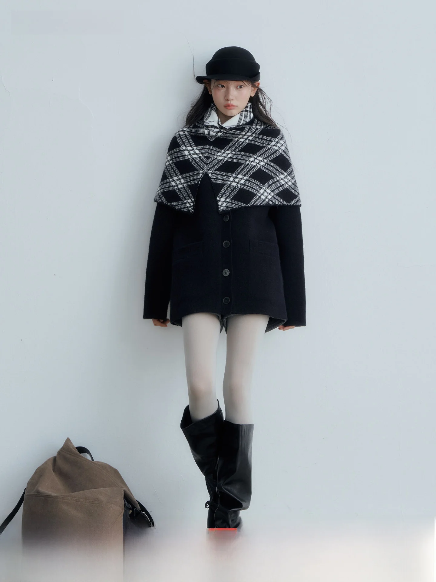 

Длинный свободный женский свитер с воротником, зимний дизайн, клетчатый принт, черный, стройнящий, средней длины, вязаный комплект из двух предметов