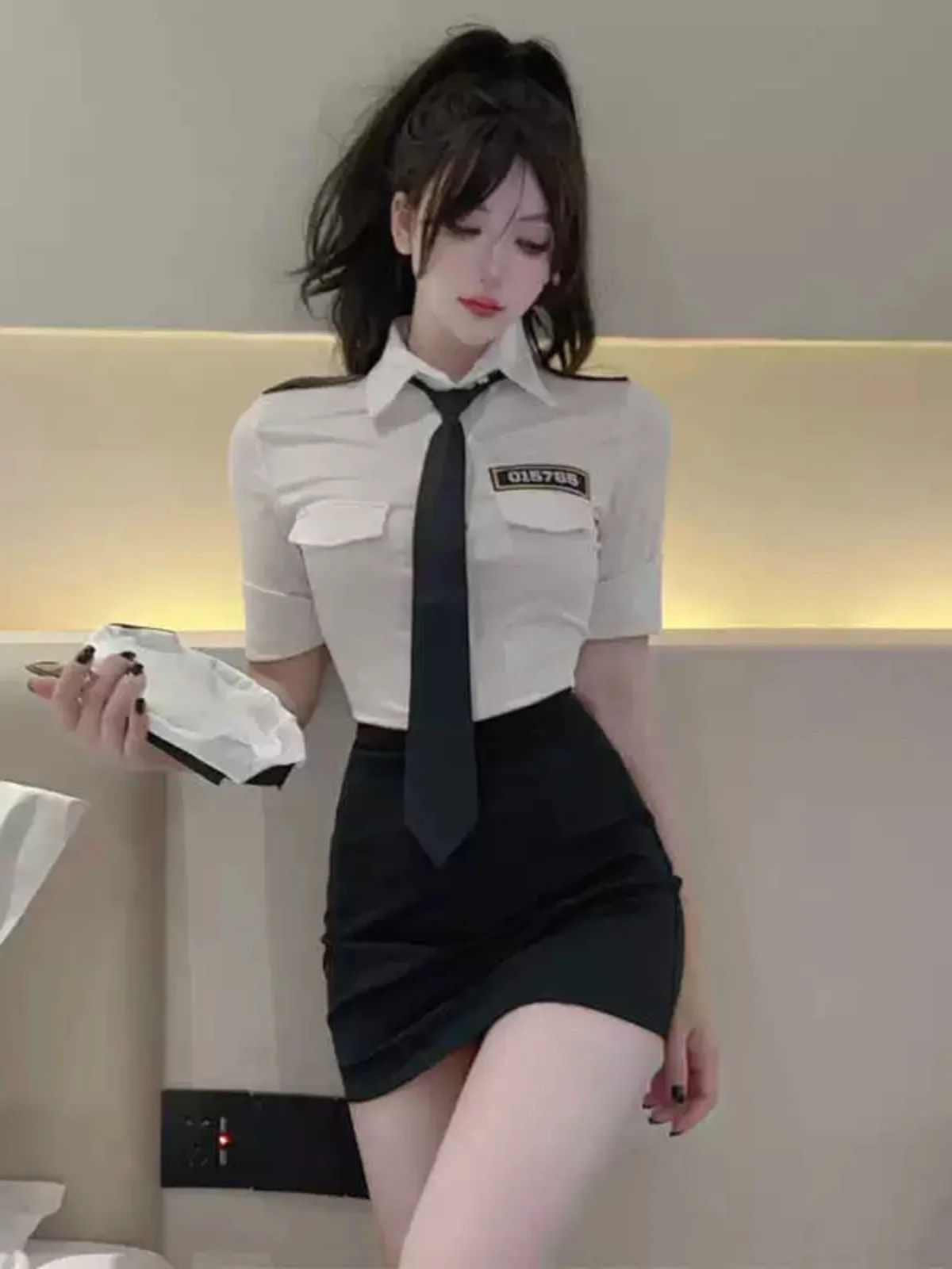 Internet Celebri Sexy Stewardess JK Anchor Business Wear Tie Shirt + High Waist Hip Skirt Overalls Set