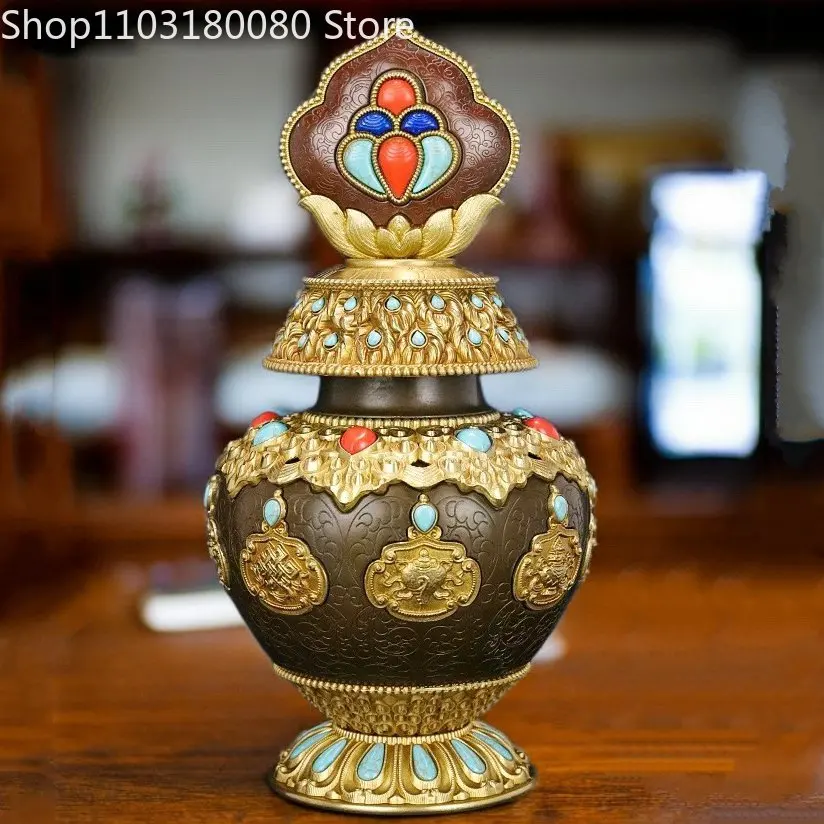 25cm Copper gilding inlay Eight auspicious Treasure bottle Tibet buddhism Wealth vase Lucky decor