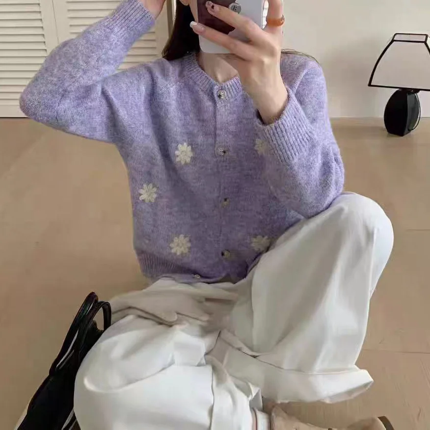 Mantel Wanita Kardigan Sweater Mantel Jaket Leher Bulat Lengan Panjang Jumper Y2k Streetwear Rajutan Elegan Jahitan Terbuka Musim Gugur Musim Dingin