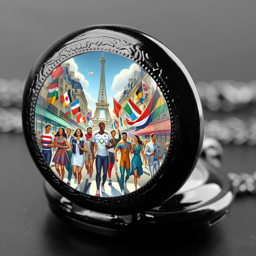 Souvenir Gifts for Kids Quartz Pocket Watch 2024 Sporting Event Design Glass Dome Necklace Pendant Clock for Mens Womens