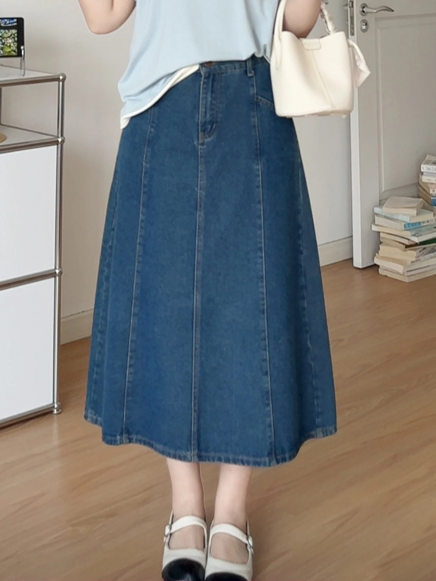 

plus Size A-Line Denim Skirt for Commuting Slimming Hip Covering Casual High Waist Cotton Blend Spring Summer Skirt