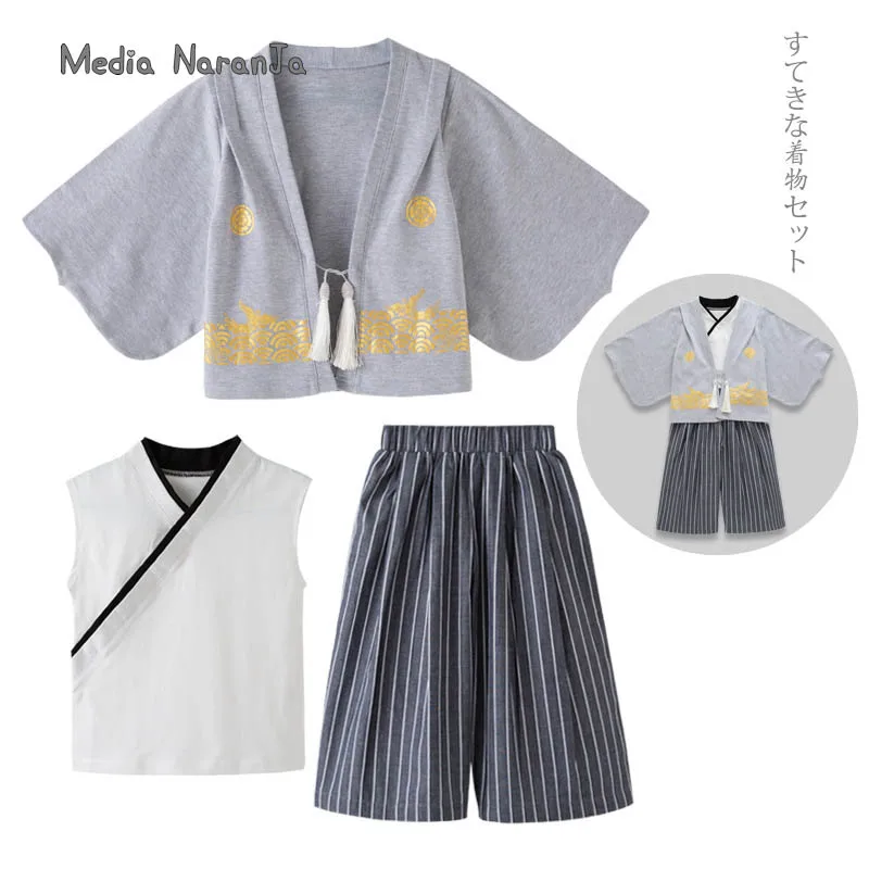 Japanese children kimono boys girls kimono set spring  autumn long sleeved jacket vest pants performance clothing