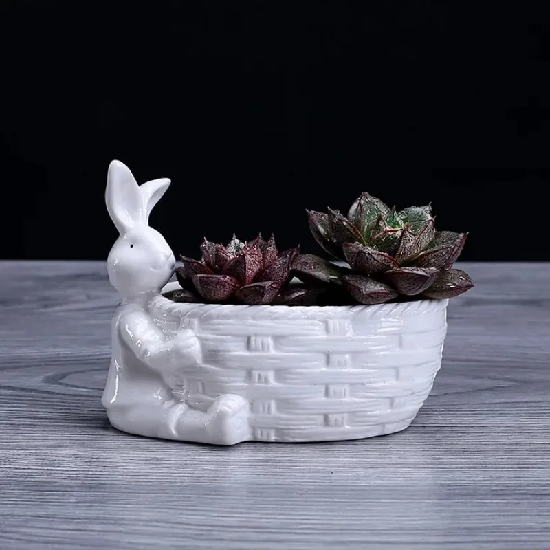 Porcelain Bunny Figurine Succulent Plant Pot Decorative Desktop Ceramics Rabbit Flower Planter Garden Ornament Craft Accessories