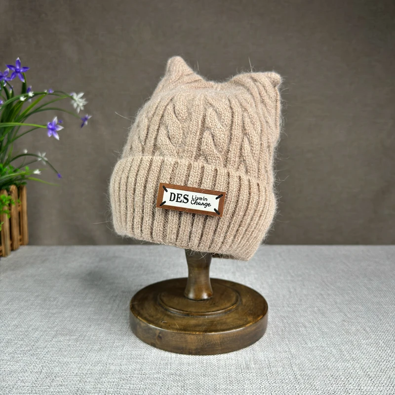 2024 Hot Selling Sweet and Cute Cat Ear Rabbit Hair Knitted Women\'s Hat Winter Ear Protection Warm Hat Cute Wool Hat