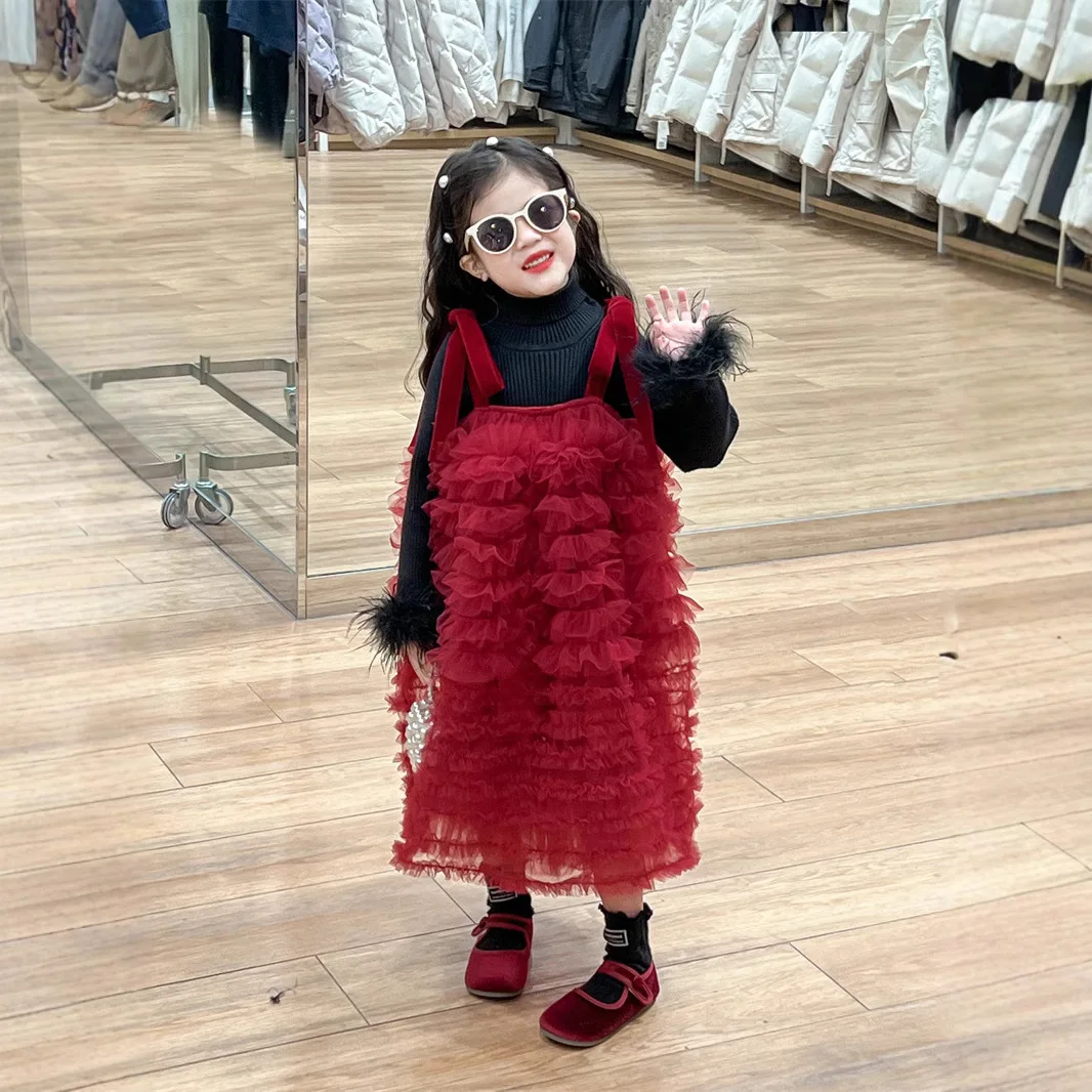 2025 Winter New Style Children Clothes Tulle Temperament Cake Dress Sweet Princess Fashion and Beautiful Dress