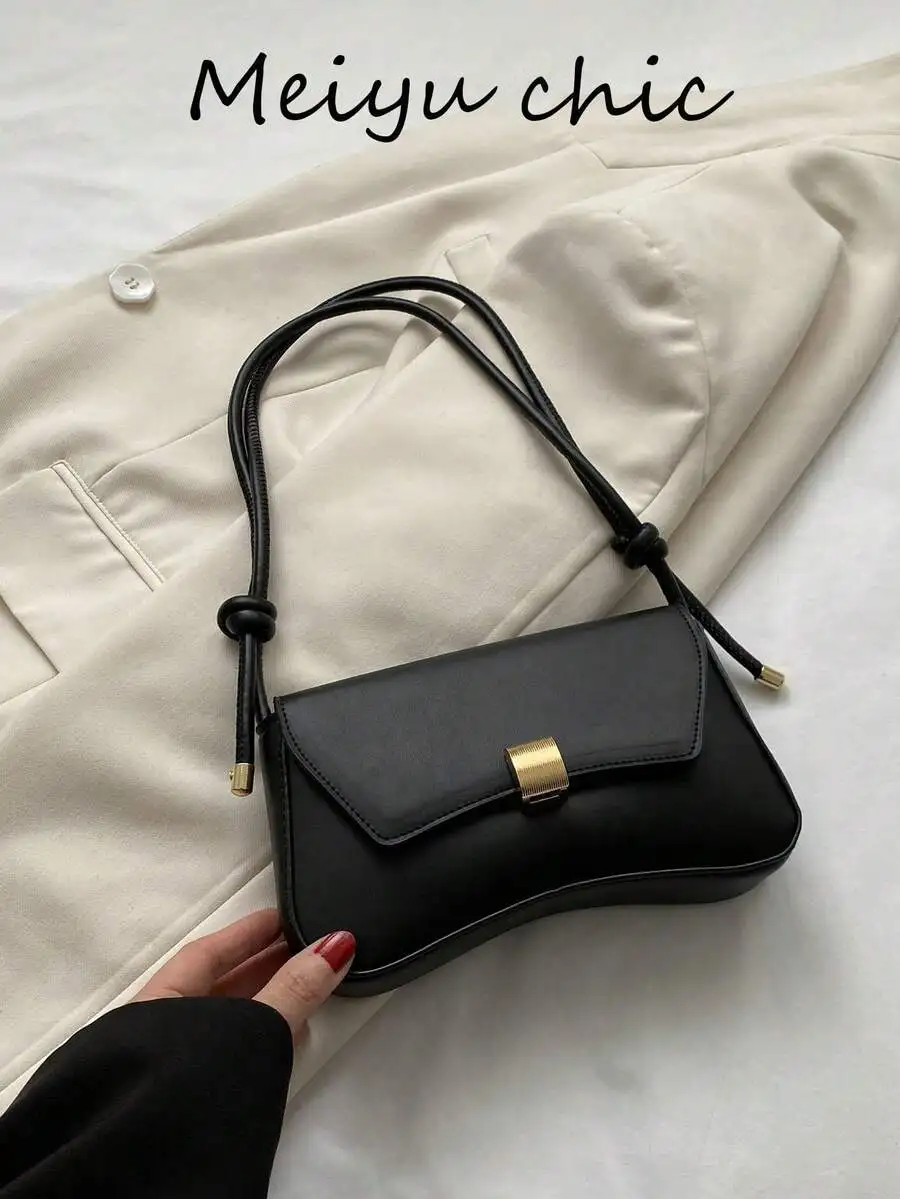 

Minimalist Black PU Crossbody Bag with Knot Strap and Gold Buckle