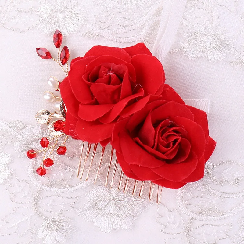 Red Rose Flowers Hair Combs Women Hair Jewelry Handmade Red Rhinestone Pearls Tiara For Wedding Bridal Hair Accessories