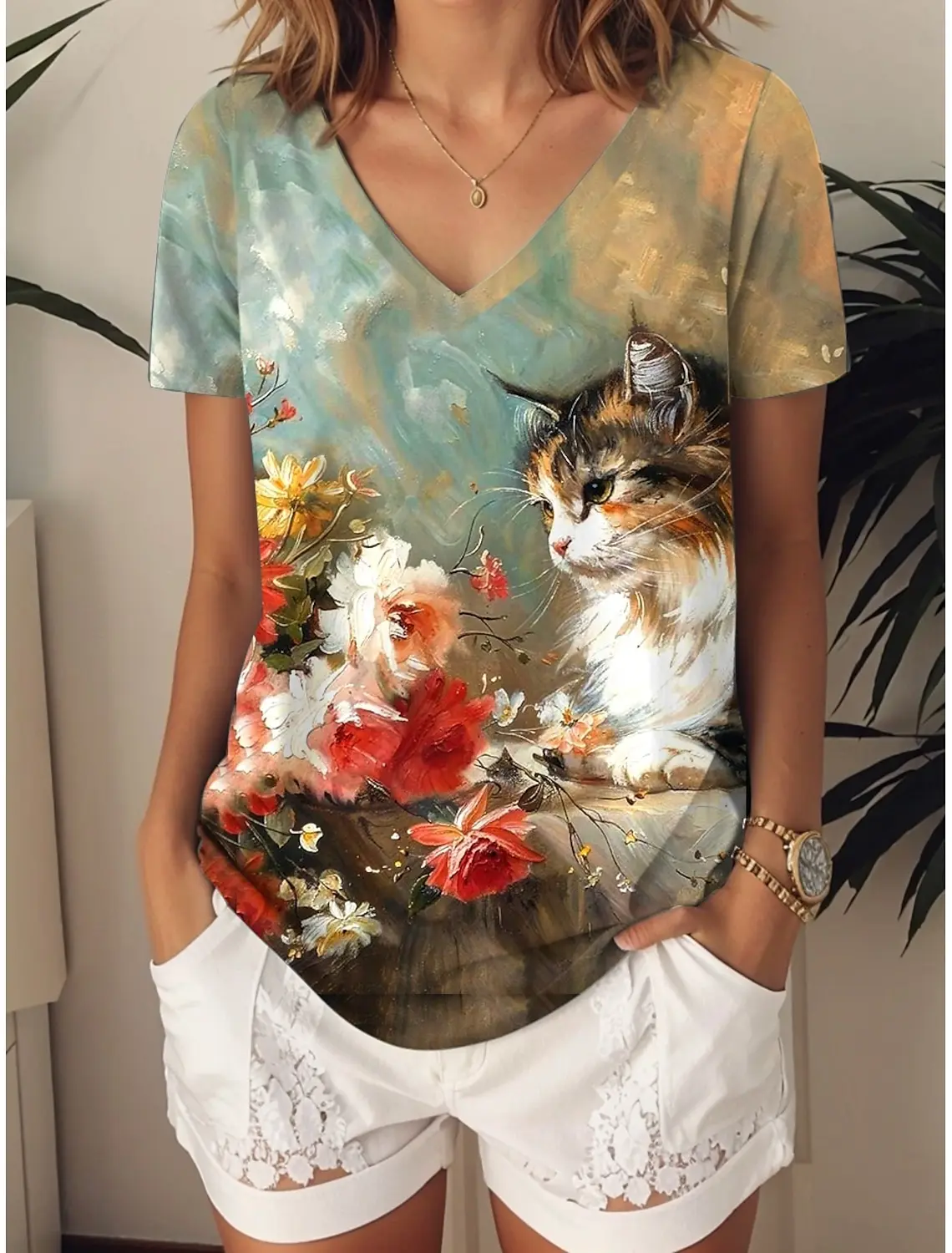2025 Women's T-Shirt Kawaii Cat Graphic Fashion Short Sleeved V-Neck Regular Tops Daily Print Tee Summer Spring casual Tops