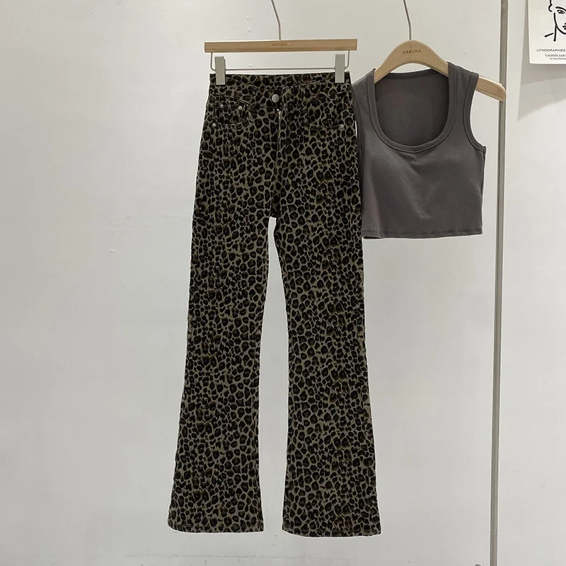 

Джинсы женские с высокой талией, прямые, из денима, осень 2024, новый стиль, американский уличный стиль, модные, с леопардовым принтом, облегающие брюки