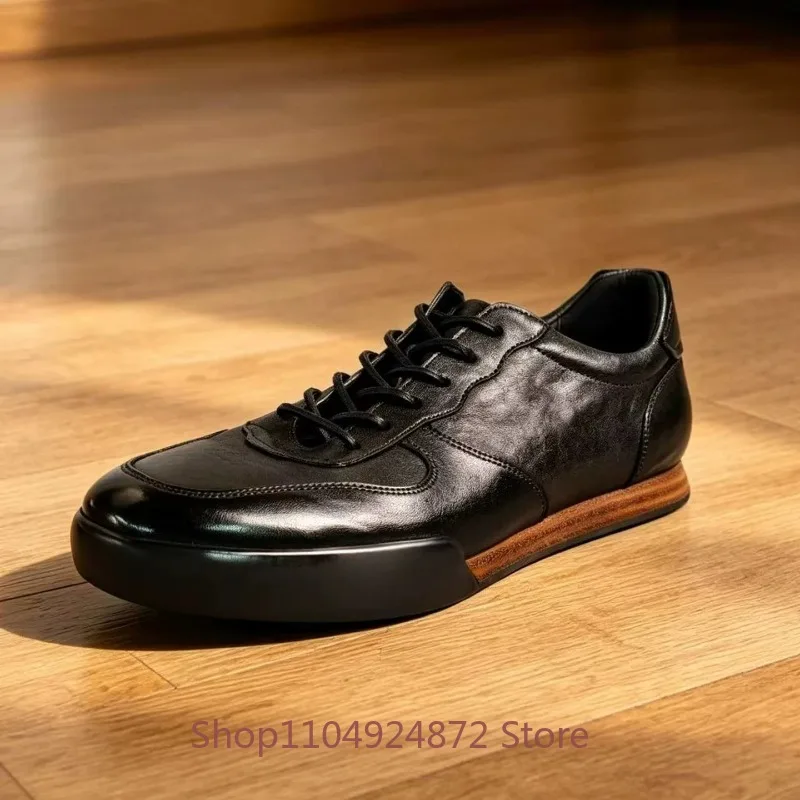 Retro Handmade Horsehide Training Shoes Men Casual Comfortable Round Toe Lace Up Black Genuine Leather Walking Oxford Shoes Male
