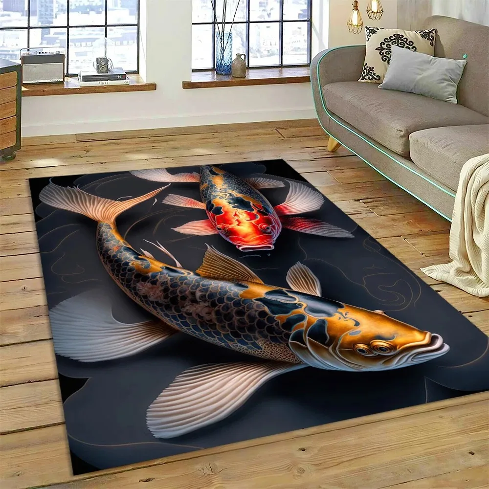 Koi Fish Lotus Floral Area Rug Goldfish Water Lily Print Soft Floor Carpet for Living Room Bedroom Indoor Asian Home Art Decor
