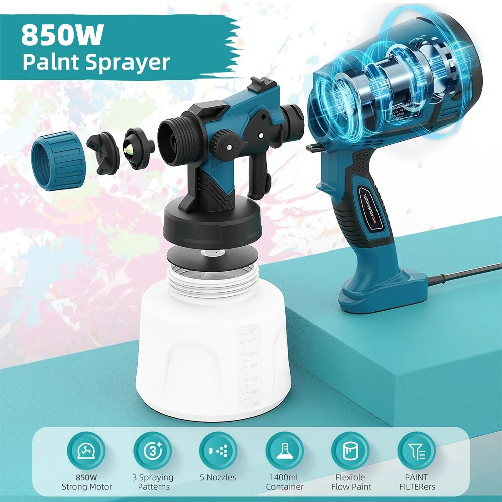 1400ML Electric Spray Gun 850W High Power Paint Sprayer Home DIY EU Plug Auto Furniture Steel Coating Airbrush with 5 Nozzles