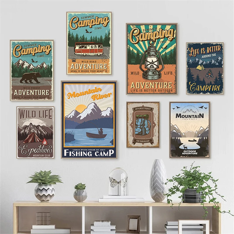 

Retro Abstract Outdoor Camping Tools Tents Landscape Canvas Posters Picture Walls Modern Living Room Bedroom Home Decoration