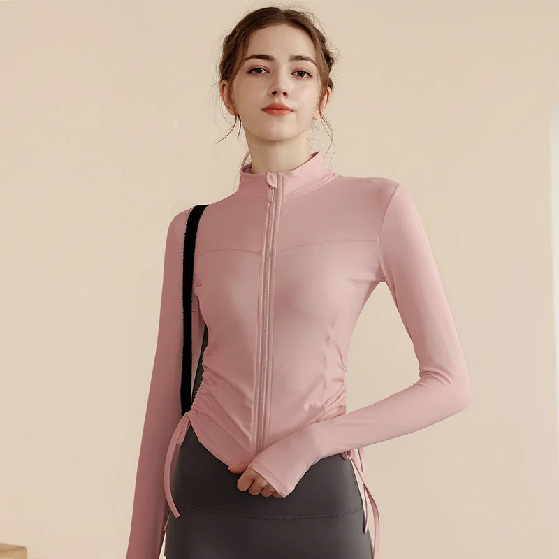 Women's Yoga Wear Stand Collar Zipper Sports Jacket Quick-Drying Slim Fit Long-Sleeved Fitness Top with Drawstring