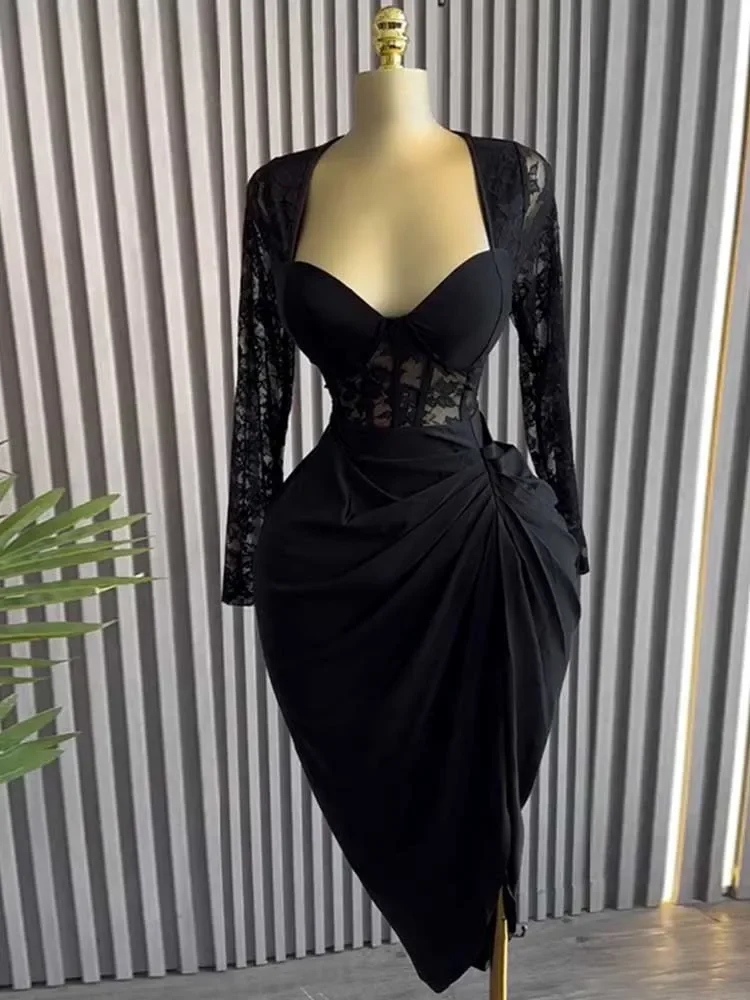 

Female Black Sexy Evening Dress V Neck Square Collar Lace Long Sleeves High Waisted Dresses for Women Sping Classy Elegant Dress