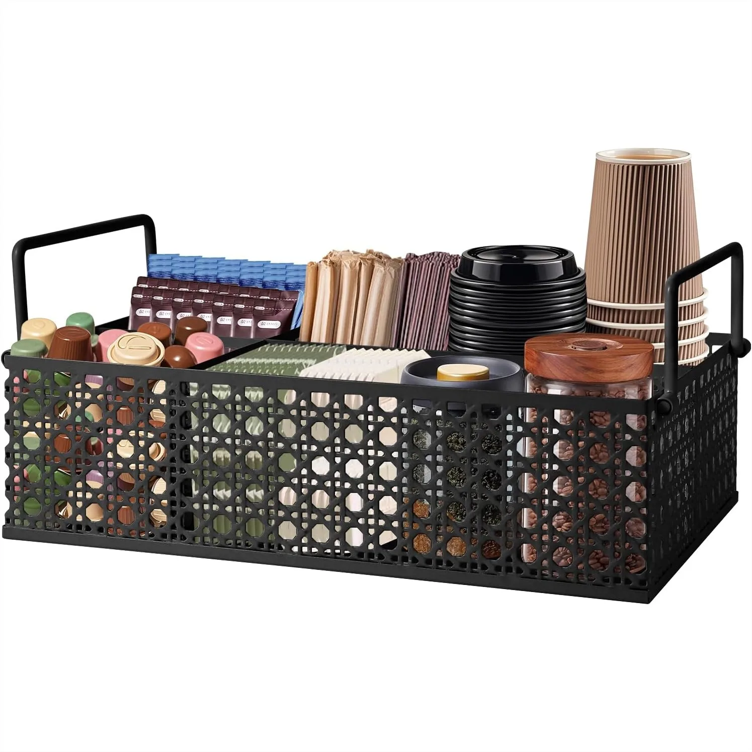 

Coffee Bar Organizer, Metal Countertop Station with Handles, 4-Compartment Coffee Pods Holder for Kitchen Counter, Mesh Black