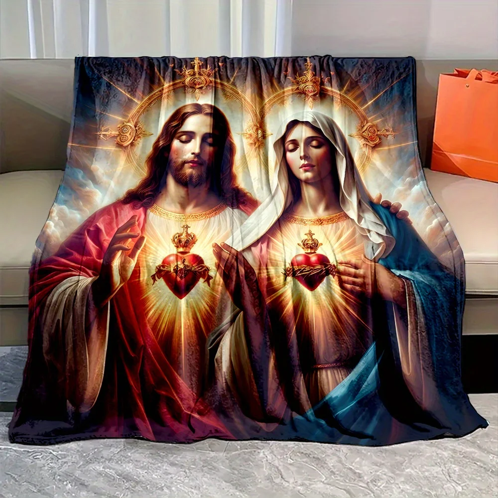 Soft & Warm Christian Jesus and Virgin Mary Throw Blanket Perfect for Sofa, Office, Bed, and Camping