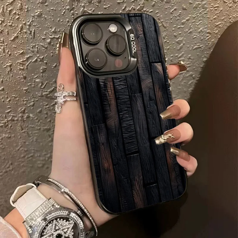 

Charcoal black wood grain pattern phone case for iPhone 16 15 14 13 12 11 Pro/ Max/Plus shock-proof rear cover anti-fingerprint
