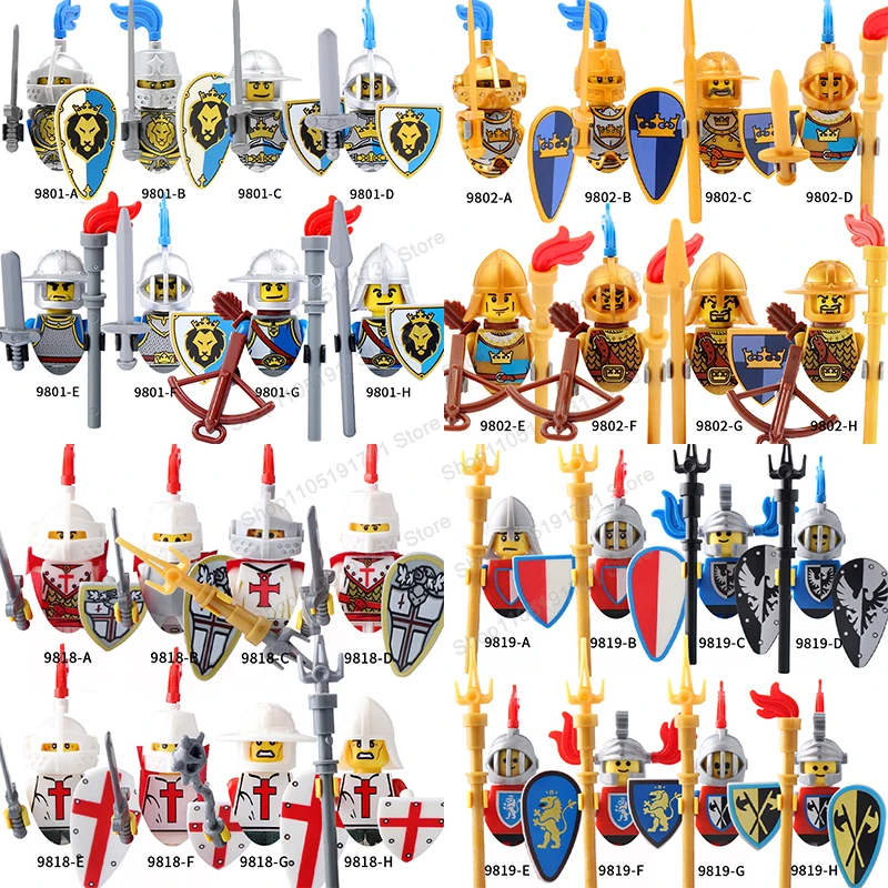 ブルーライオンゴールドキャッスル騎士中世十字軍兵士フィギュアビルディングブロック戦士剣アクセサリーヘルメットおもちゃ子供向け