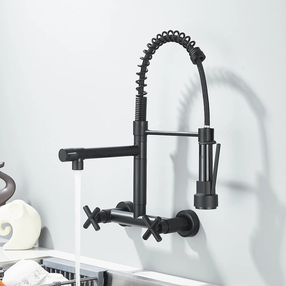Black Kitchen Faucet 360 Rotation Pull Down Hand Sprayer with Buckle Kitchen Taps Wall Mounted Cold Hot Water Mixer Taps Chrome