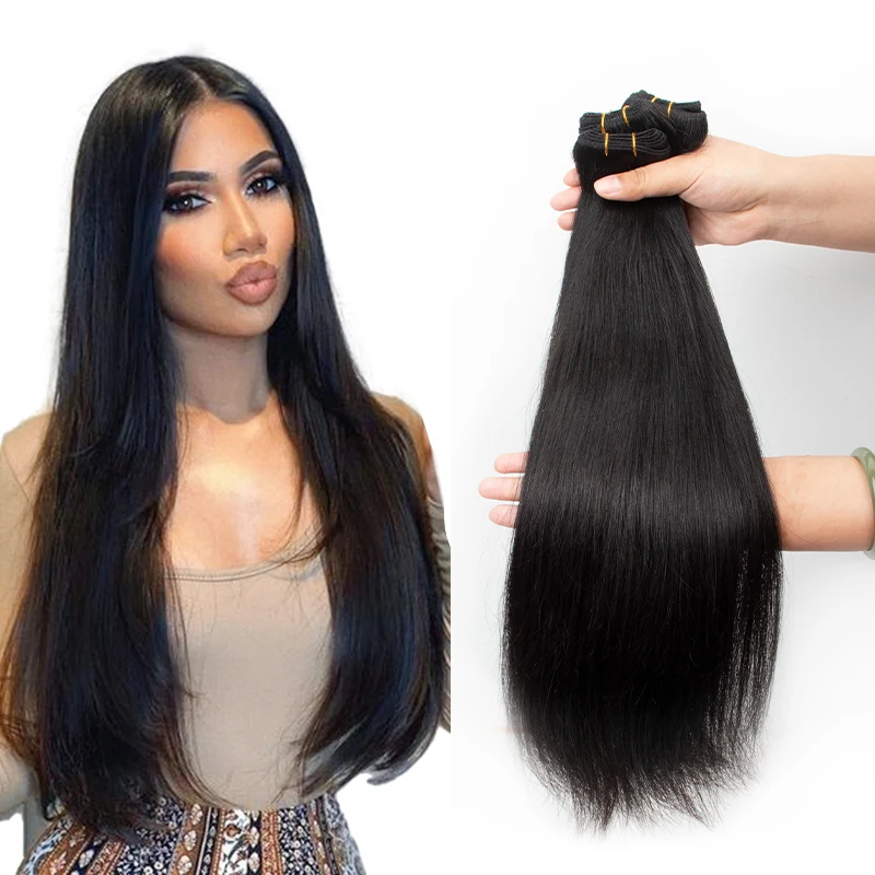 ストレート人毛バンドルナチュラルブラック縫製横糸ヘアエクステンション人毛マシンレミー 12 "-24" 50 グラム/バンドル