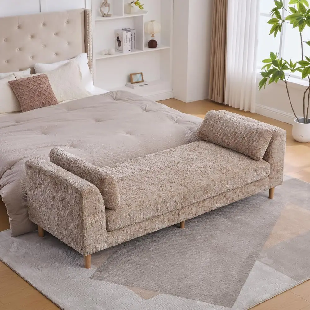 

Wide Chenille Upholstered Bed End Bench with Armrests and 2 Bolster Pillows, Ideal for Daybeds, Living Rooms, Bedrooms, and Gues