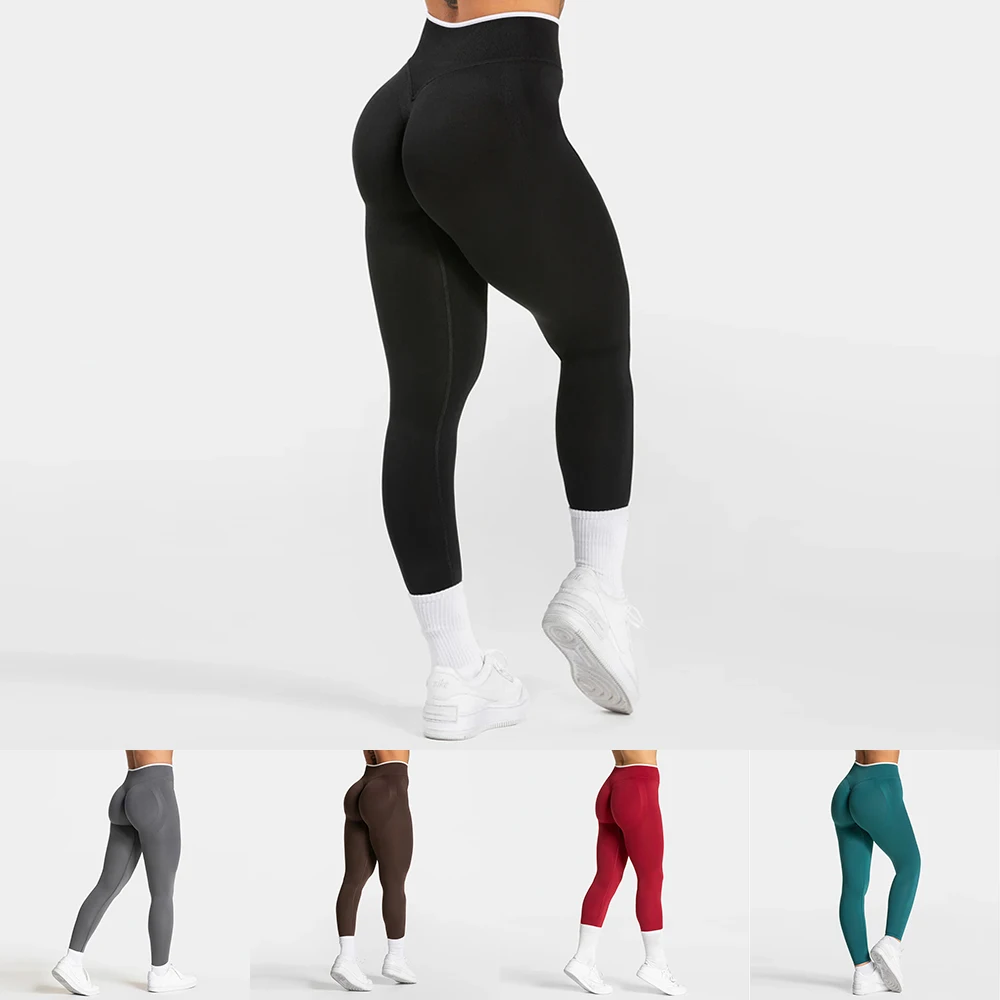 Women's Seamless Gym Solid Color Sports Pants White Edge Waist Tight High Waist Hip Lifting Pants Running Exercise Leggings
